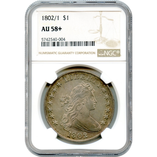 1802/1 $1 Draped Bust Silver Dollar, Heraldic Eagle BB-234 NGC AU58+