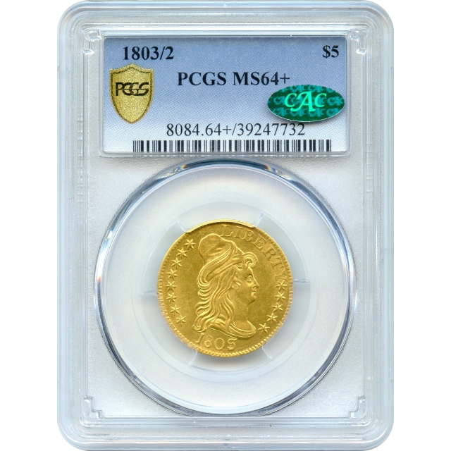 1803/2 $5 Draped Bust Half Eagle PCGS MS64+ (CAC) - Rare BD-4 Variety!