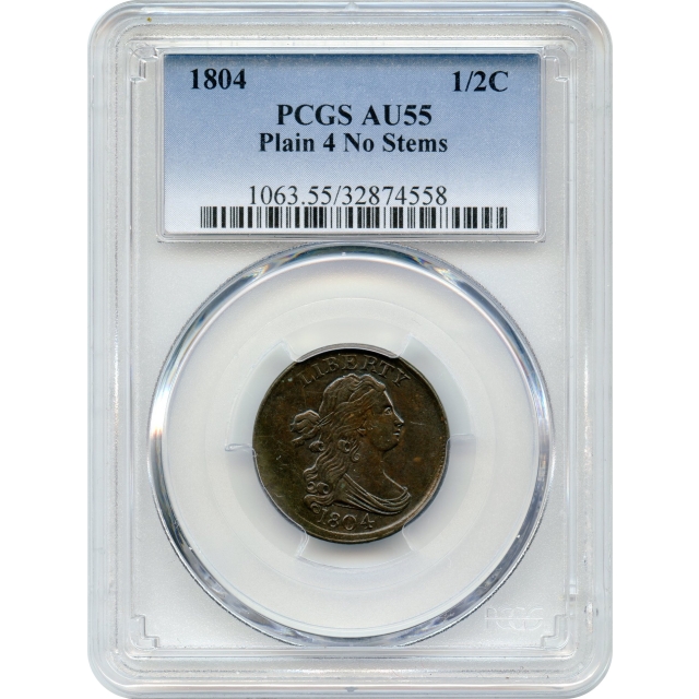 1804 1/2C Draped Bust Half Cent, Plain 4, No Stems PCGS AU55BN