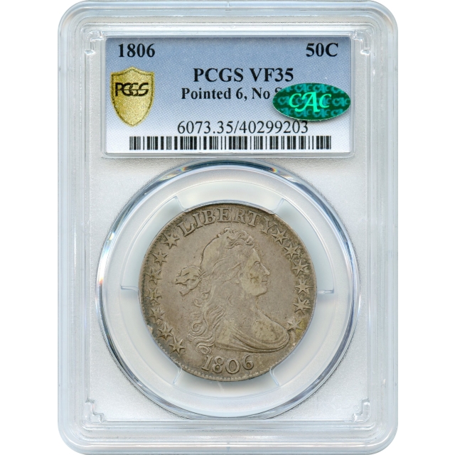 1806 50C Draped Bust Half Dollar, Pointed 6 No Stem PCGS VF35 (CAC) 