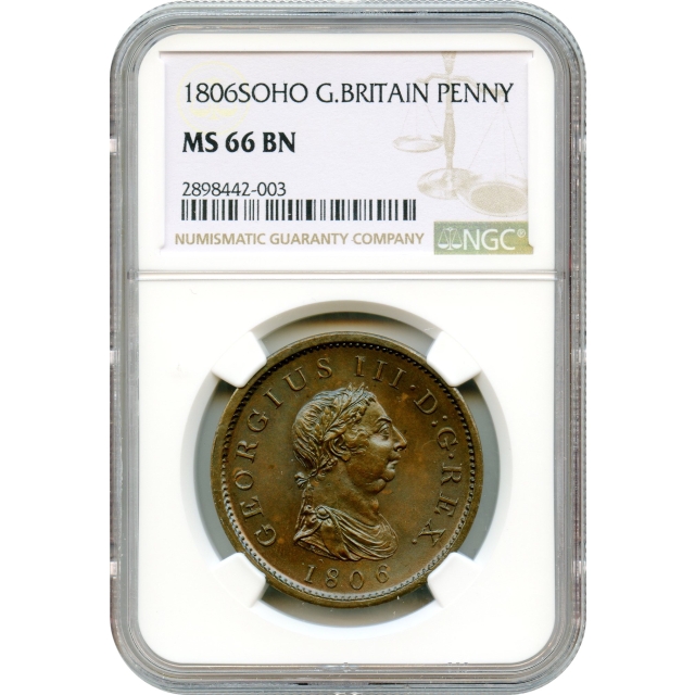 World Copper - 1806-SOHO Penny Great Britain NGC MS66BN