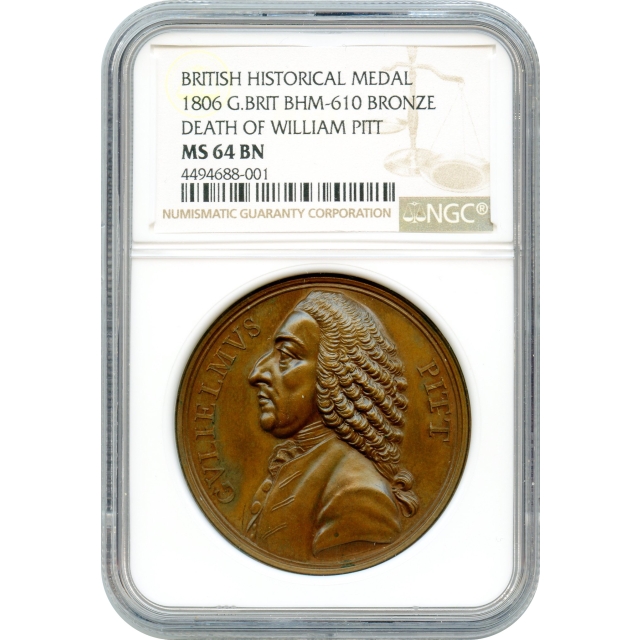 1806 British Historical Medal, Death of William Pitt NGC MS64 - Top Pop!
