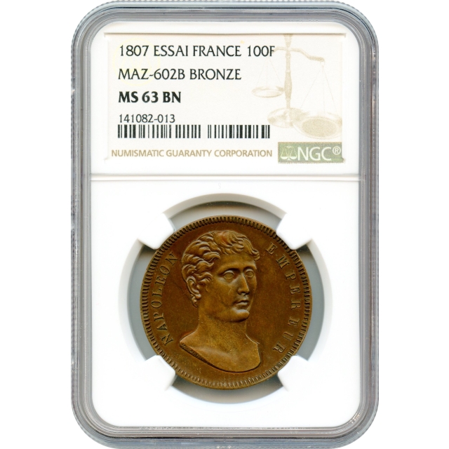 World - 1807 100F Essai France, Bronze Obverse design NGC MS63 BN