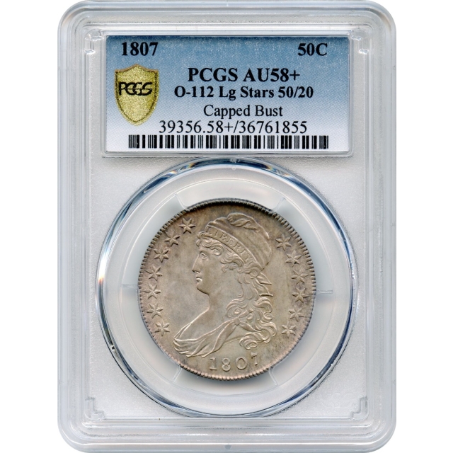 1807 50C Capped Bust Half Dollar, Large Stars 50/20 PCGS AU58+