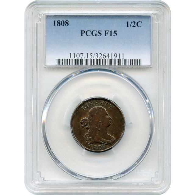 1808 1/2C Draped Bust Half Cent PCGS F15BN (rotated die!)
