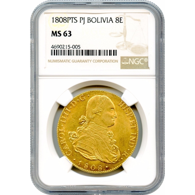 World Gold - 1808PTS PJ Bolivia 8 Escudos NGC MS63