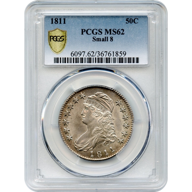 1811 50C Capped Bust Half Dollar, Small 8 PCGS MS62