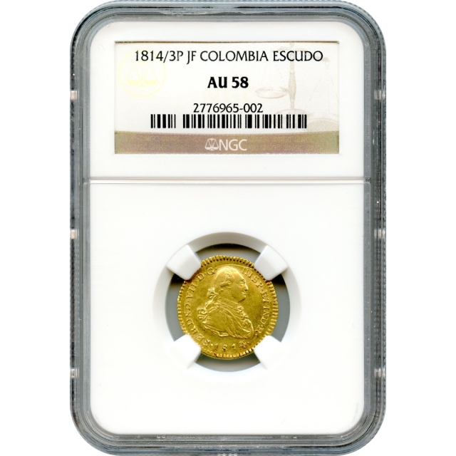 World Gold - 1814/3 Columbia Escudo, Popayan Mint - Assayer JF NGC AU58