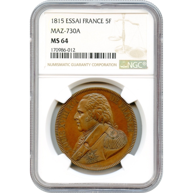 World - 1815 5F Essai France, Bronze Obverse design NGC MS64 BN