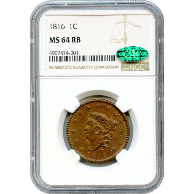 1816 1C Coronet Head Large Cent NGC MS64RB (CAC)