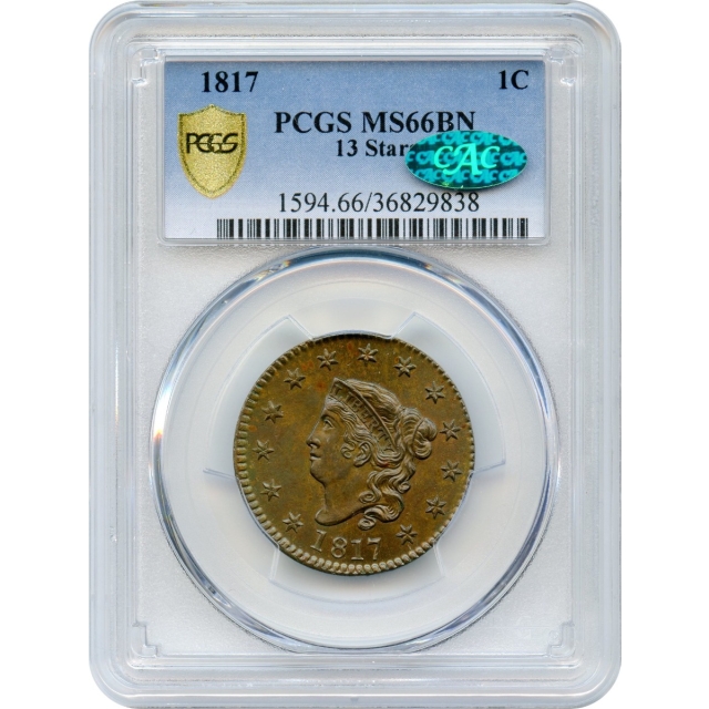 1817 1C Coronet Head Large Cent, 13 Stars PCGS MS66BN (CAC)