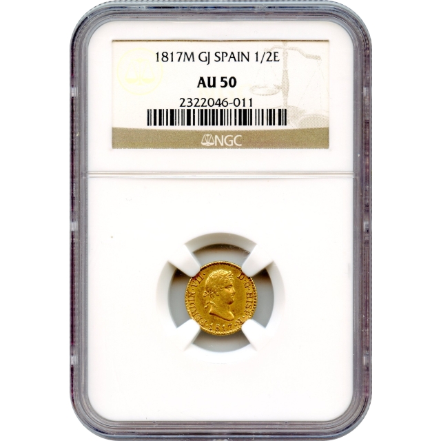 World Gold - 1817M-GJ 1/2 Gold Escudos Spain, Ferdinand VII Mint NGC AU50