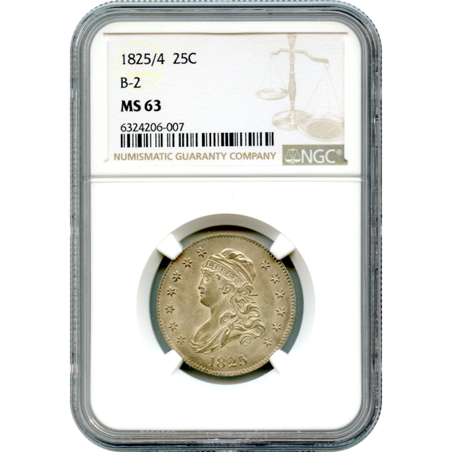 1825/4 25C Capped Bust Quarter Dollar, Large Size B-2 NGC MS63  - Rarely offered in mint state!