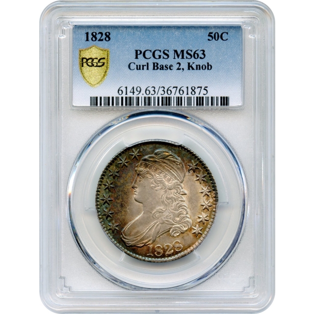 1828 50C Capped Bust Half Dollar, Curl 2 Knob PCGS MS63