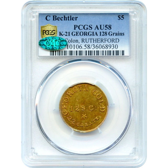 1834 $5 C.Bechtler Georgia Gold at Rutherford 128 Grains 22 carats, with Colons variety PCGS AU58 (CAC)