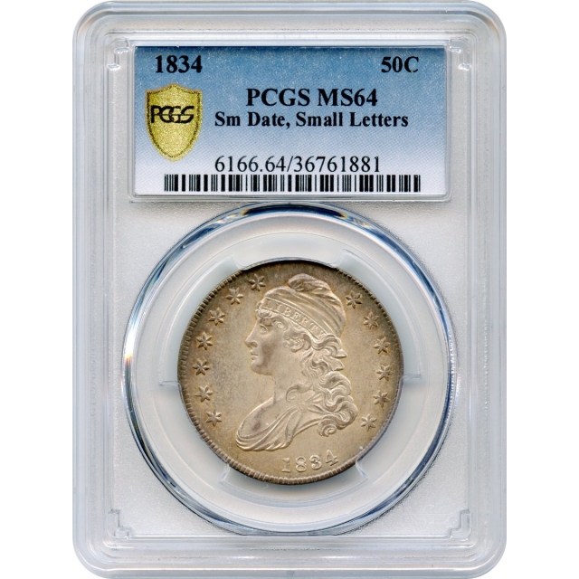 1834 50C Capped Bust Half Dollar, Small Date Small Letters PCGS MS64