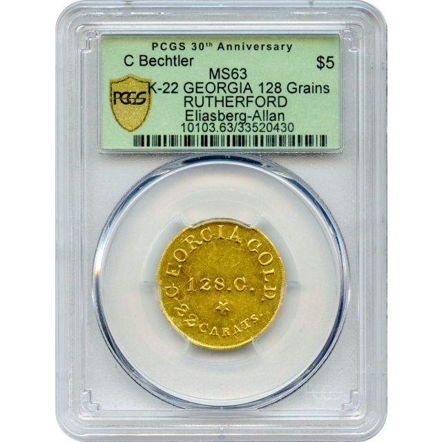 1834-40 Gold $5 C.BECHTLER, GEORGIA 128.G. 22ct AT RUTHERFORD with star PCGS MS63
