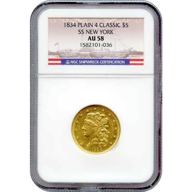 1834 $5 Classic Head Half Eagle, Plain 4 NGC AU58 Ex.SS New York