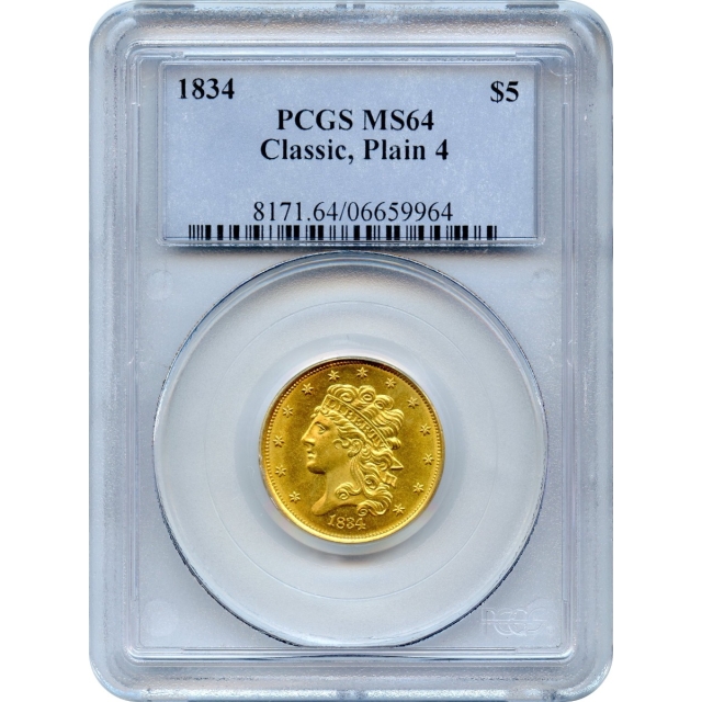 1834 $5 Classic Head Half Eagle, Plain 4 PCGS MS64