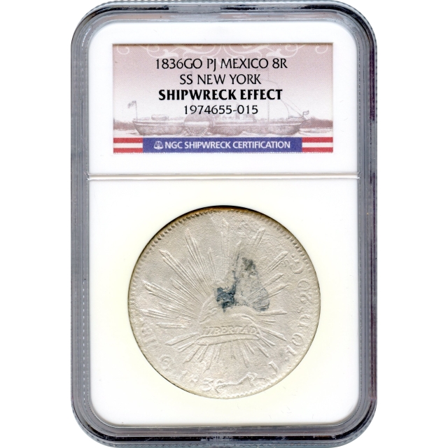 World Silver - 1836-Go PJ 8 Reales Mexico NGC Shipwreck Effect Ex. SS New York with Box