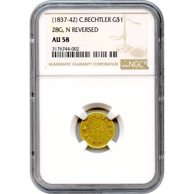 1837-1842 Gold $1 BECHTLER, CAROLINA. 28:G: N reversed RUTHERF: NGC AU58