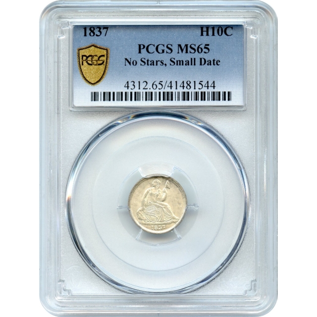 1837 H10C Liberty Seated Half Dime, No Stars Small Date PCGS MS65