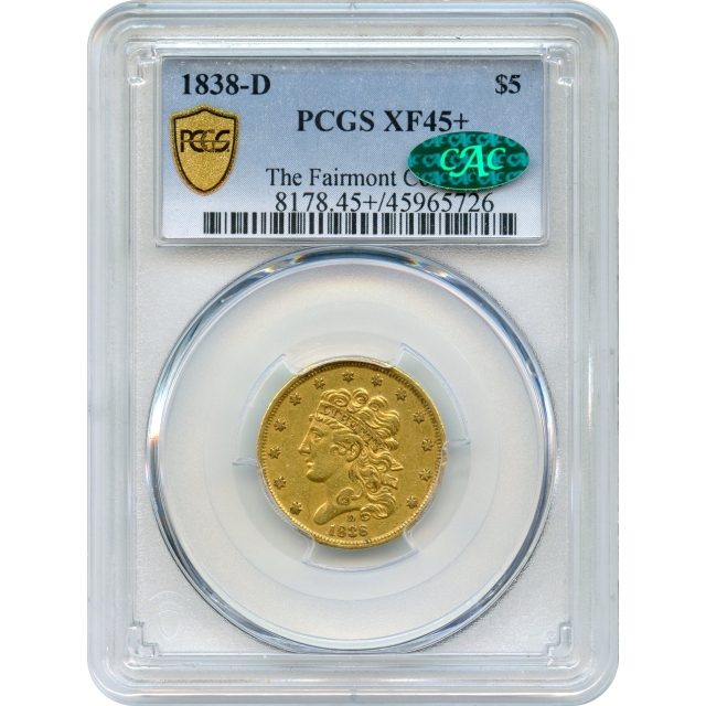 1838-D $5 Classic Head Half Eagle PCGS XF45+ (CAC)