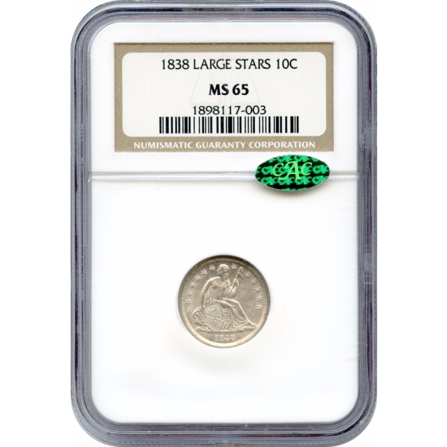 1838 10C Liberty Seated Dime, No Drapery Large Stars NGC MS65 (CAC)