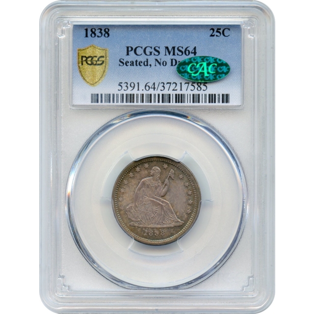 1838 25C Liberty Seated Quarter, No Drapery PCGS MS64 (CAC)