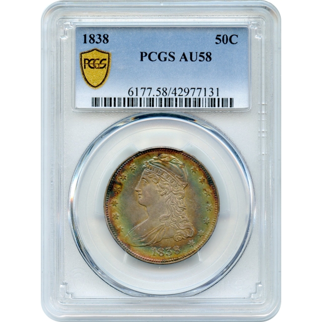 1838 50C Capped Bust Half Dollar, Reeded Edge PCGS AU58 (color-!!!)