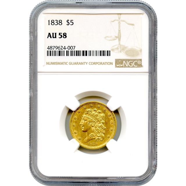 1838 $5 Classic Head Half Eagle NGC AU58