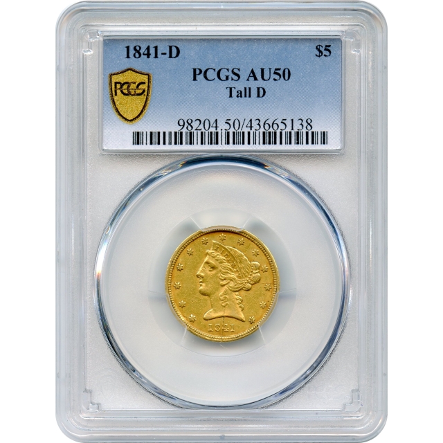 1841-D $5 Liberty Head Half Eagle, Tall D PCGS AU50