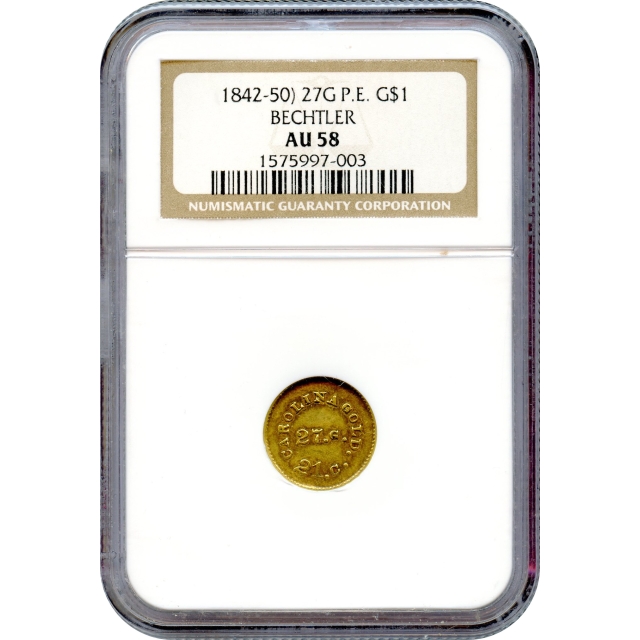 1840-42 Gold $1 A BECHTLER 27.G. 21.C. DOL: Plain Edge NGC AU58