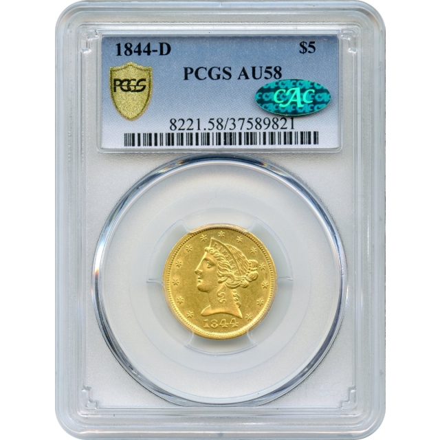 1844-D $5 Liberty Head Half Eagle PCGS AU58 (CAC)