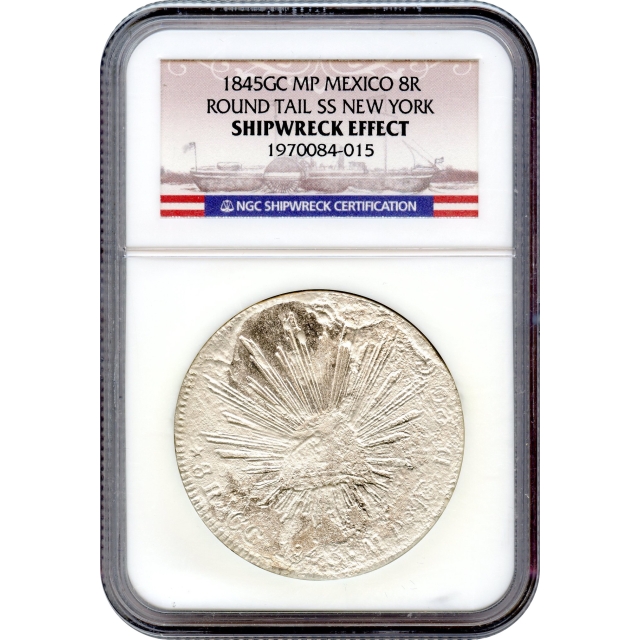 World Silver - 1845-GC MP 8 Reales Mexico, Round Tail NGC Shipwreck Effect Ex. SS New York with Box