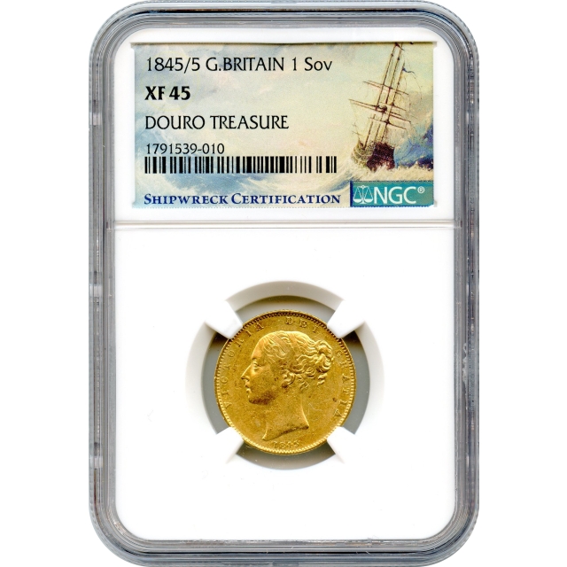 1845/5 Great Britain Gold Sovereign NGC XF45 Ex. RMS Douro