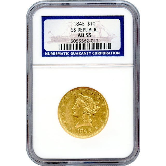 1846 $10 Liberty Head Eagle NGC AU55 Ex.SS Republic w/Box & COA