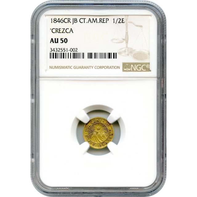 World Gold - 1846 1/2 Escudo Central America Republic Gold, Costa Rica (CR) Mint, Assayer JB NGC AU50