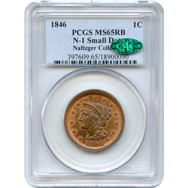 1846 1C Braided Hair Large Cent, Small Date N-1 PCGS MS65RB (CAC) Ex. Naftzger Collection