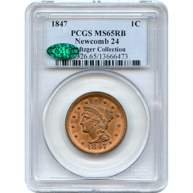 1847 1C Braided Hair Large Cent, Newcomb-24 PCGS MS65RB (CAC) Ex. Naftzger Collection