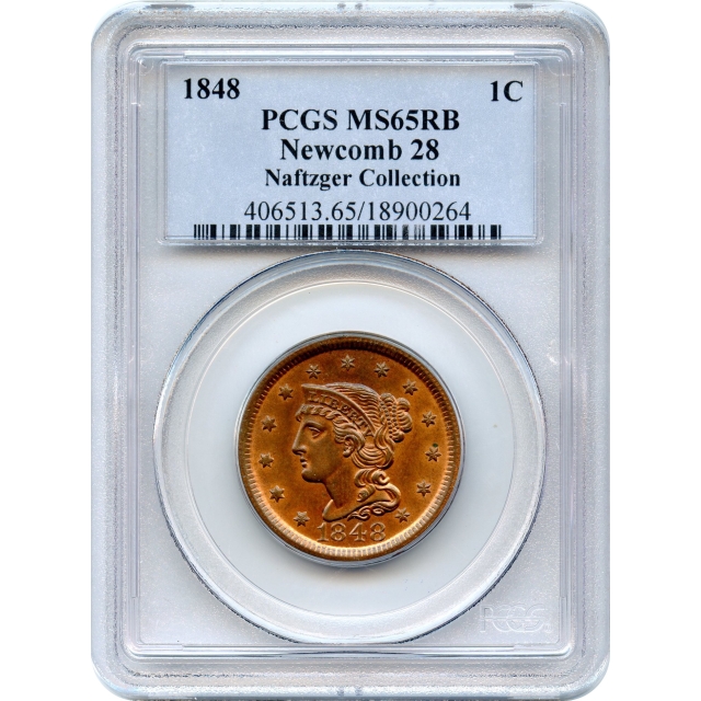 1848 1C Braided Hair Large Cent, Newcomb-28 PCGS MS65RB Ex.Naftzger Collection