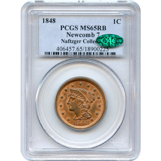 1848 1C Braided Hair Large Cent, Newcomb-7 PCGS MS65RB (CAC) Ex. Naftzger Collection