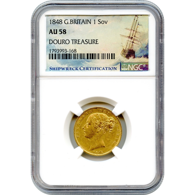 World Gold - 1848 Great Britain Gold Sovereign NGC AU58 Ex. RMS Douro