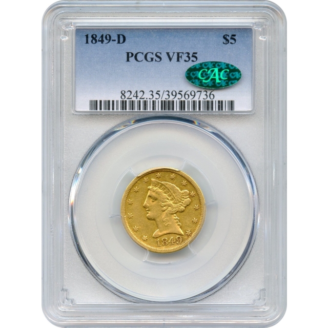 1849-D $5 Liberty Head Half Eagle PCGS VF35 (CAC)
