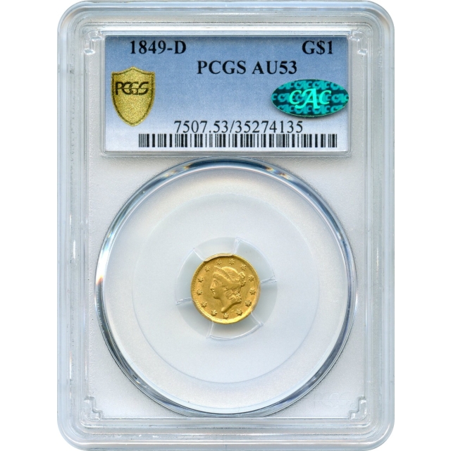 1849-D G$1 Liberty Head Gold Dollar PCGS AU53 (CAC)