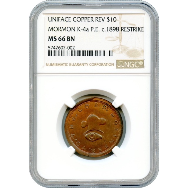 1849 $10 Mormon Copper Reverse Uniface Restrike, K-4a P.E. NGC MS66BN 
