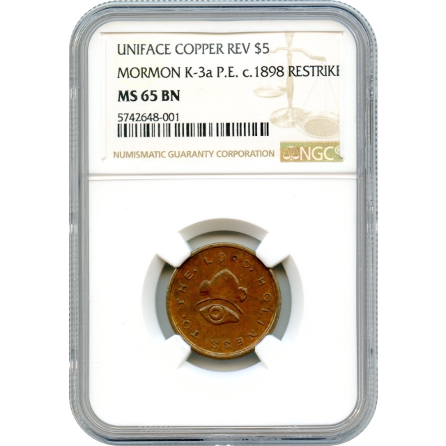 1849 $5 Mormon Copper Reverse Uniface Restrike, K-3a P.E. NGC MS65BN