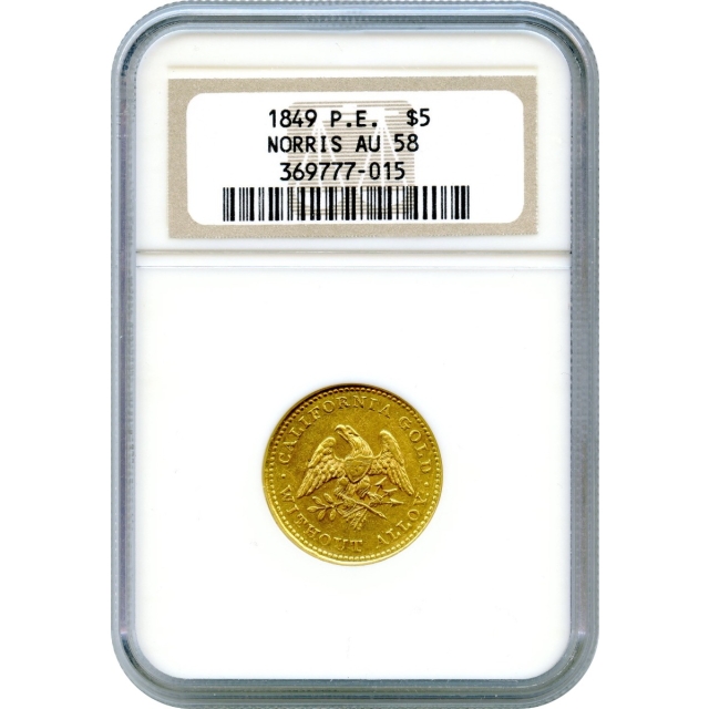 1849 $5 California Gold Half Eagle - Norris, Gregg & Norris Plain Edge K-2 NGC AU58