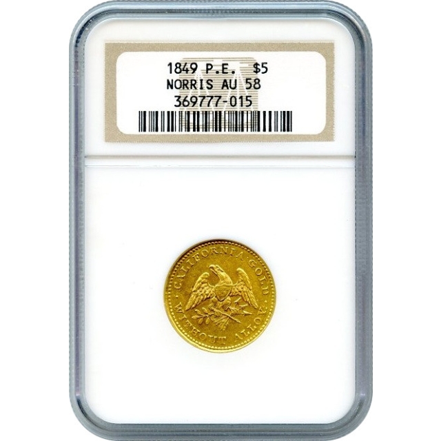 1849 $5 California Gold Half Eagle - Norris, Gregg & Norris Plain Edge K-2 NGC AU58