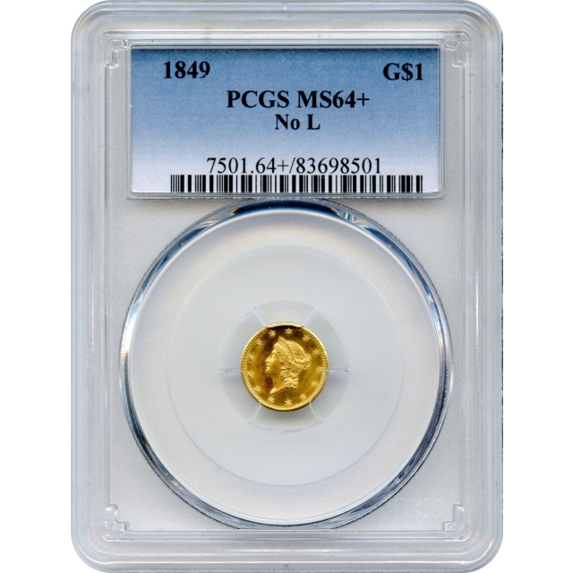 1849 G$1 Liberty Head Gold Dollar, No L PCGS MS64+